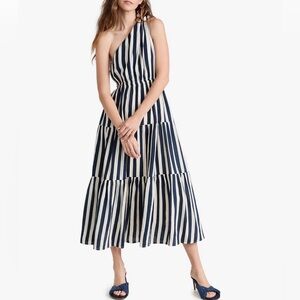 Moon River One Shoulder Dress- Navy/White Stripe S